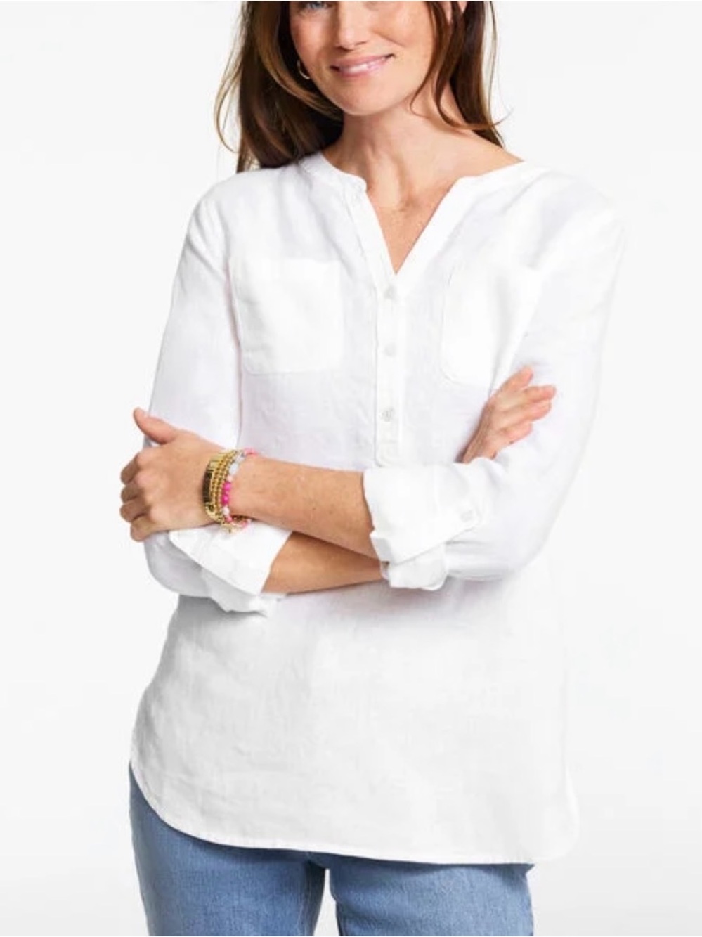 Talbots Lagenlook 100% Linen Popover White Coastal Classic Long Sleeve Size M
